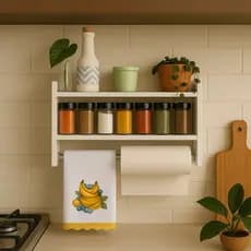 Nicho Porta Temperos de Parede com Suporte para Papel Toalha e Pano de Prato – MDF Branco 15MM