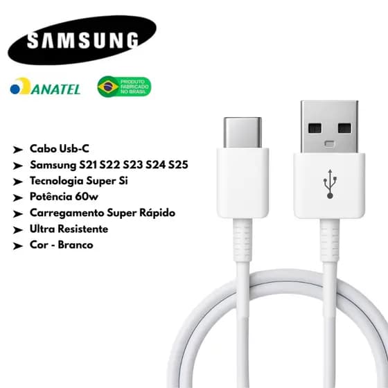 Cabo Tipo C Carregador Samsung A04 A05 A06 A15 A16 A22 A31 A33 A52 A54 A55 S21 Fe S22 Original