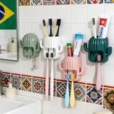 Suporte Porta Escova de Dente Adesivo Parede Cactos de casa - Banheiro Antiderrapante