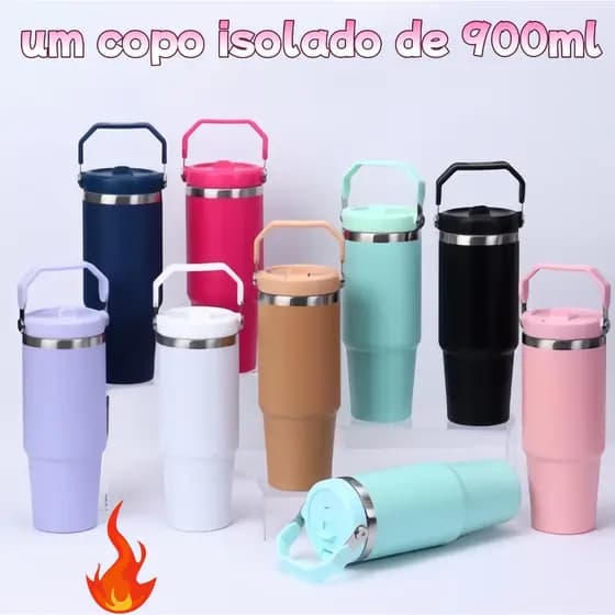 Garrafa Térmica 900ML Com Alça Flip Tumbl Aço Inoxidável Isolamento Térmico Com Canudo