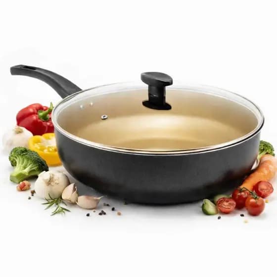 Frigideira Grande Alta Antiaderente Wok 30cm Tampa de Vidro Paellera