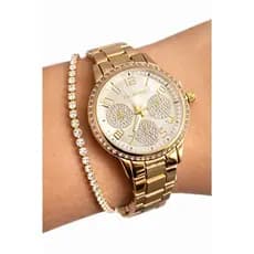 Relógio Feminino Dourado Luxo Com Strass Mostrador Grande Elegante Pulseira Aço Inoxidável