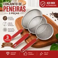 Kit 3 Peneiras Inox Coador Cabo Plástico 8 10 12cm Resistente Durável Cozinha Profissional Doméstica