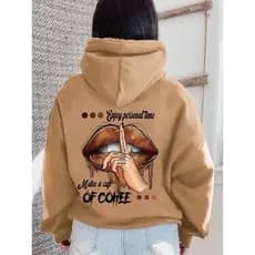 Blusa de Moletom Canguru Feminino Estampado Boca  Casaco de Frio com Capuz Bolso Frontal Estiloso