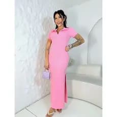 Vestido Polo Longo Elegante Tubinho Ribana Canelado Gola Polo Decote V - Fendas Laterais