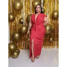 Vestido PLUS Fenda Frente Longo Elegante sem manga Decote V Para Casamento Festas e Eventos