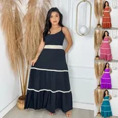 Vestido Longo Feminino com Alça e Renda Caimento Leve e Elegante Casual Confortável Festa