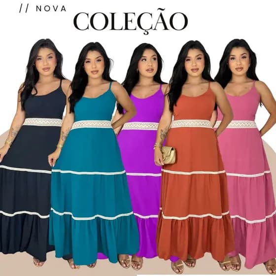 Vestido Longo Com Saia Em Marias e Alça Regulável Casual Feminino Elegante Confortável Festa