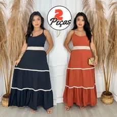 Kit 2 Vestidos Longos Femininos Com Alça Fina e Renda Leves Frescos Elegantes Casual Festa