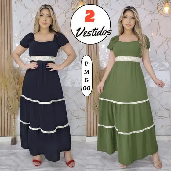 Kit 2 Vestidos Longos Femininos Manga Princesa Com Renda Elegância Conforto Casual Festas