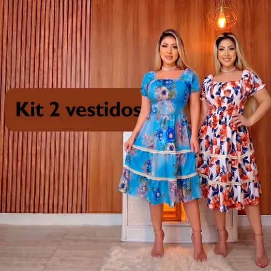 Kit 2 Vestidos Femininos Estampados Casual Leve Elegante Ajuste Perfeito Versátil Festa