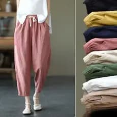 Calças Retro de Cenoura 100% Algodão e Linho, Calças Femininas Soltas de Cor Sólida, Calças Casuais de Nove Pontos DECT