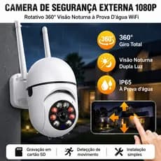Câmera Segurança Wi-Fi 1080P 360° Rotação, Visão Noturna, Áudio Bidirecional, Impermeável para Casa