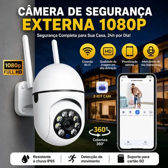 Câmera de Segurança 1080P Wi-Fi Giratória 360°, Visão Noturna, Áudio Bidirecional IP66 Impermeável para Casa