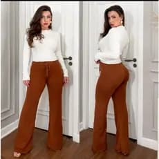 Calça Feminina Pantalona Tricô Tricot Modal Inverno Reta Lisa Moda Feminino Tendencia
