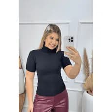 Blusa Feminina Tricot Básica Modal Gola Alta Manga Curta de Frio Tricô Outono Inverno Primavera