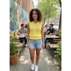 Blusa Feminina Regata Tricot Modal Verão com Tranças e Gola Polo Estilo Boho