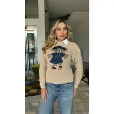 Blusa Feminina Tricô Ursinho Jacquard Manga Longa Inverno Elegante Casual Premium Tricot Fang