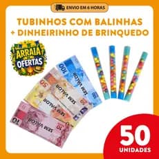 Kit 50 Tubinhos com Bala e Dinheirinho - Prenda Festa Junina Lembrancinha Infantil Festa Aniversário