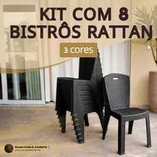 Kit 8 Cadeiras Bistrô Rattan Reforçada Empilhável Escritório Varanda Piscina Salão Jardim Área Lazer