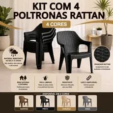 Kit 4 Poltrona Rattan Cadeira Reforçada Empilhável Escritório Varanda Piscina Sala Jardim Lazer Casa