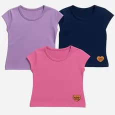Kit 3 Blusas Manga Curta Infantil Menina Feminino Algodão Cotton Lisa Basica - Roupa Infantil Menina
