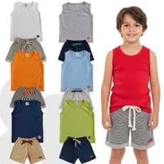Kit 10 Peças Sortido Conjunto Infantil Menino - 5 Regatas + 5 Bermudas - 5 Conjuntos Verão