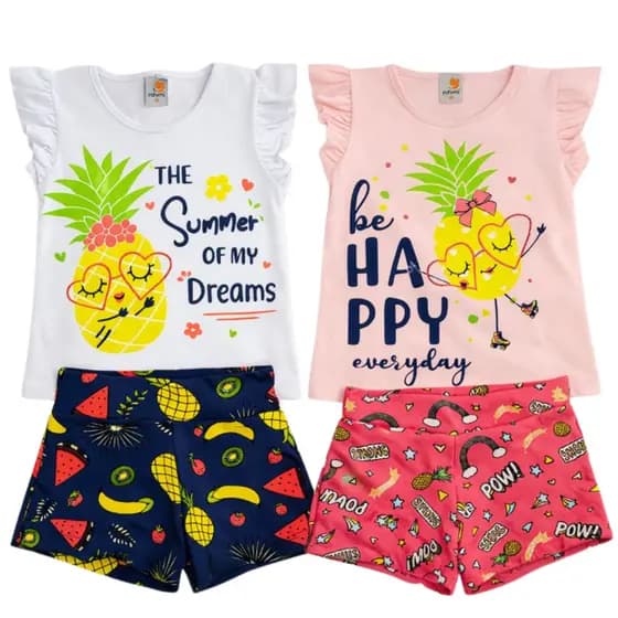 Conjunto Infantil Menina Feminino  - Blusa Algodão Glitter e Short Cotton Tamanho 02 a 12 anos
