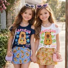 Conjunto Infantil Menina Feminino Capivara - Blusa Algodão e Short Saia Tamanho 02 a 12 anos