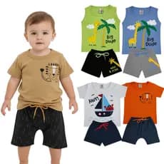 Kit Sortido 8 Peças de Roupas Infantil Menino - 4 camisetas + 4 Bermudas - 5 Conjuntos Verão