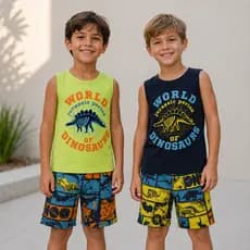 Conjunto Infantil Menino | Estampa World Dinossaurs | Regata + Bermuda | 2 ao 12