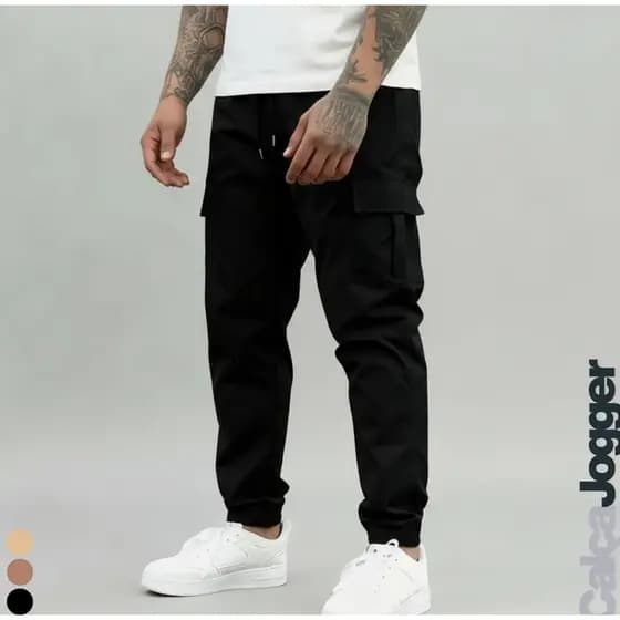 Calça cargo jogger masculina 6 Bolsos sarja skate casual 2026 Hip-Hop Elástico slim