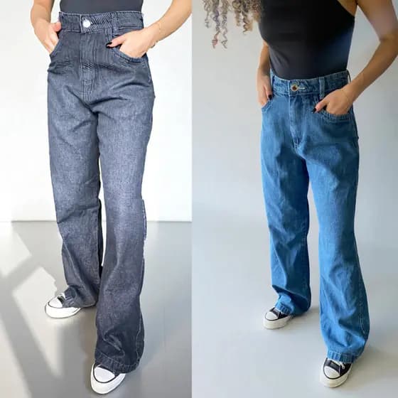 kit 2 Calça Jeans Feminina Wide Leg Marmorizada Cintura Alta Sem Lycra 100% Algodão Pantalona
