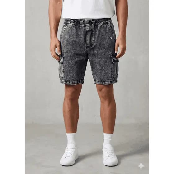Bermuda Cargo Masculina Jeans Estonado Streetwear Solta Casual com Bolsos Grandes Cintura Codao