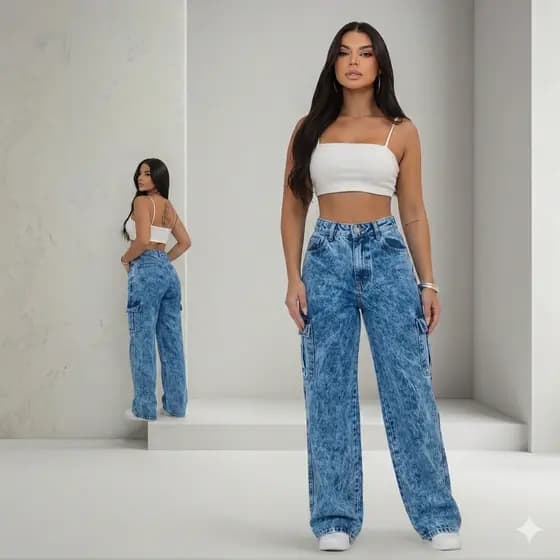 Calça Wide Leg CARGO Jeans Feminina Black Marmorizada Cintura Alta Sem Lycra 34/36/38/40/42/44/46