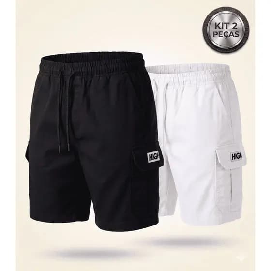 Kit 2 Shorts Cargo Masculino Sarja Premium 100% Algodão HI GI Mauricinho Bolsos Funcionais Verã 2026