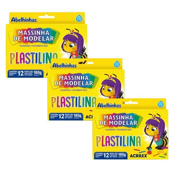 Massa de Modelar 12 Cores Plastilina 180g Kit Com 3 Unidades Acrilex