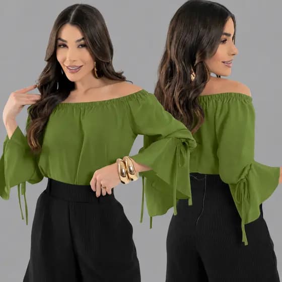 Blusa Feminina Ombro a Ombro Manga 3/4 com Amarração – Elegante e Moderna Verão 2025
