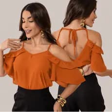 Blusa Feminina Moda Verão – Ombro a Ombro com Babado e Alça Fina Moderna com Amarração nas Costas