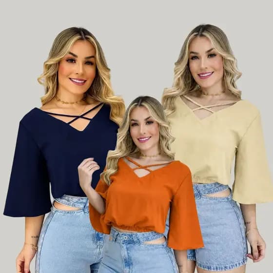 Blusa Feminina Cropped Manga Flare Decote V com Tiras Cruzadas – Moda Casual Elegante
