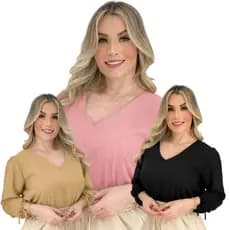Blusa Feminina Manga Longa Decote V Elegante Social Com Elástico no Punho Moderna - Crepe Duna