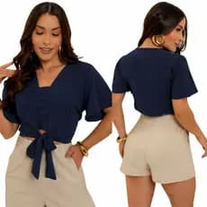 Blusa Feminina Cropped Social Com Amarração Verão Estilosa Casual