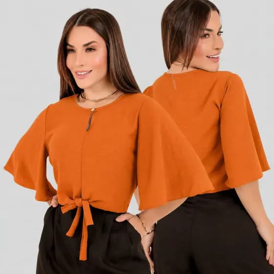 Blusa Feminina Crepe Manga Flare com Amarração Frontal Elegante