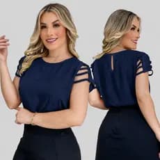 Blusa Feminina Manga Tiras Vazadas Crepe Duna Social Casual