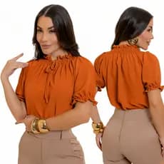 Blusa Feminina Elegante Manga Princesa Gola Alta com Amarração Social Moda Feminina