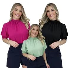 Blusa Feminina Manga Curta Gola Alta  Social Duna Moda Verão Social