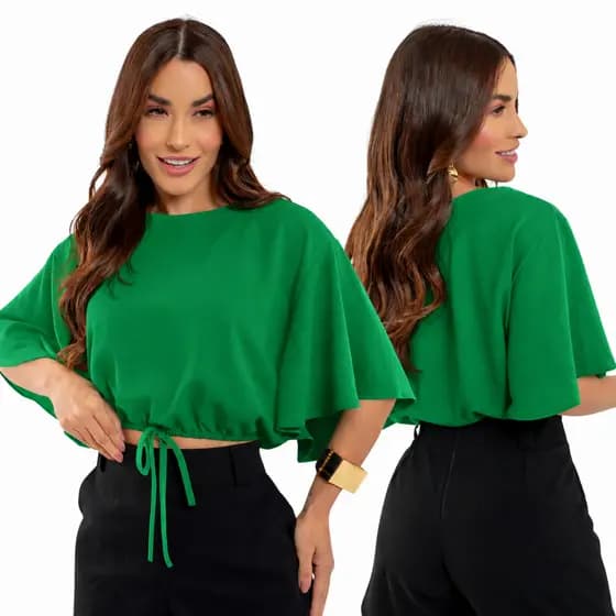 Cropped feminino blusinha feminina Mangas Flare básica lisa No Crepe  básica soltinha
