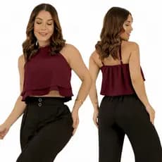 Blusa Cropped Feminina Alcinha 2 Babados Moda Verão Casual Chic Confortável Elegante Estilosa