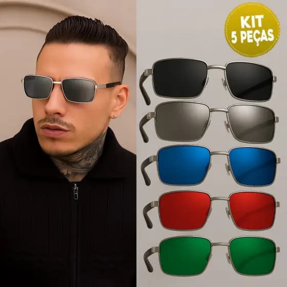 Kit 5 Óculos de Sol Quadrado Premium Masculino Feminino UV400 – Armação Metálica Cores Sortidas
