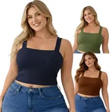 Cropped Top Blusa Decote Quadrado Plus Size Básico Regata Canelado Alça Grossa Estilosa Tamanho Grande P020